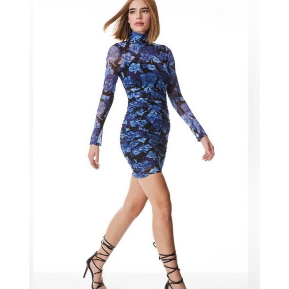 Alice + Olivia Delora Floral Mesh Mini Dress Dream Royalty Ruched Bodycon 6 S